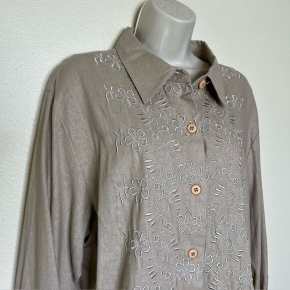 Vicki Waynes Linen Blend Tan Embroidered Button Top Pull On Pant Set Women 20 - Picture 2 of 16